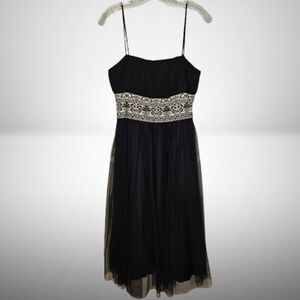 Women's Tulle Layered Midi Dress Embroidered Rhinestone Black Size 6